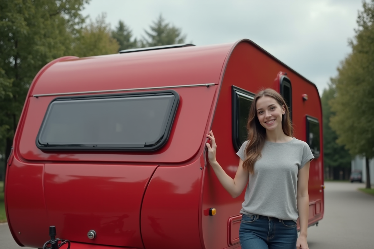 Jeune femme posant devant une caravane rouge en extérieur
