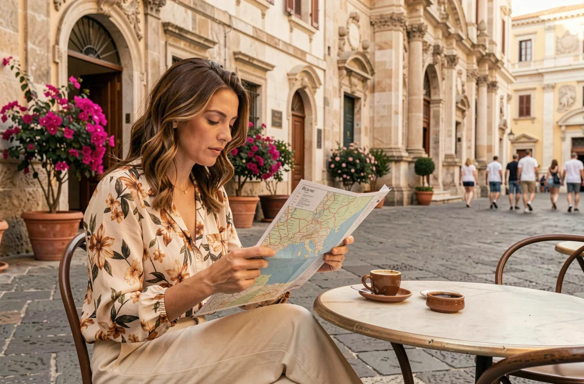 Femme consultant une carte de croisière en Méditerranée dans un café de la piazza baroque de Syracuse en Sicile
