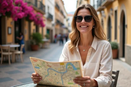 Femme souriante avec carte de Malaga en plein air