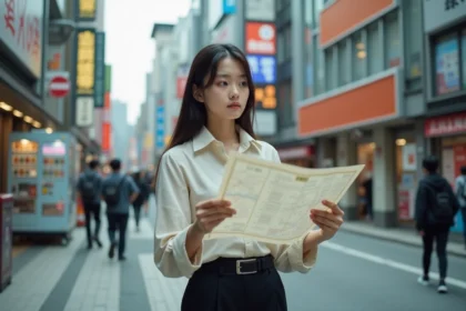 Jeune femme consultant une carte papier dans les rues animées de Shinjuku à Tokyo, entourée de panneaux en japonais