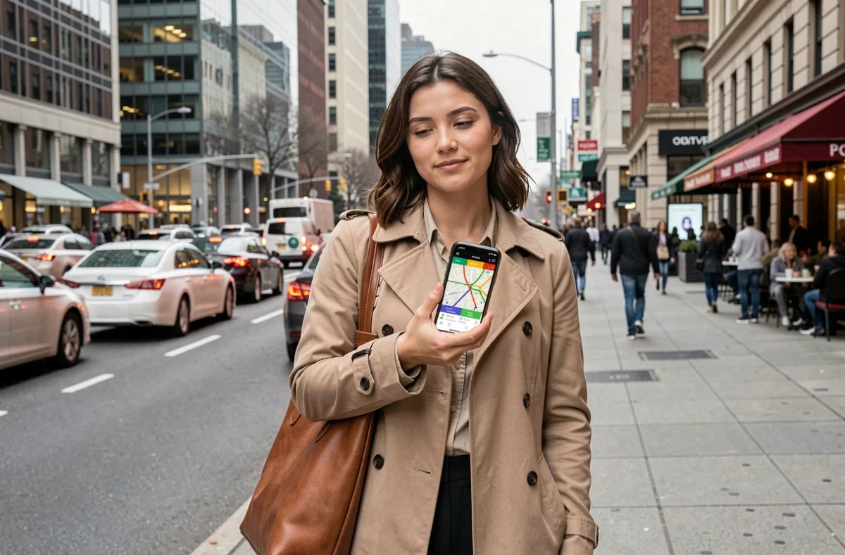 Femme en ville consultant une carte de trafic en temps réel sur smartphone pour éviter les embouteillages aux heures de pointe