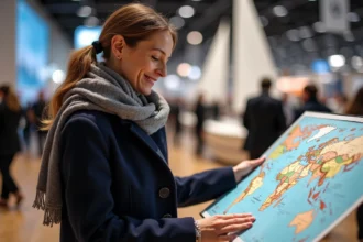 Femme souriante regardant une carte maritime lors du salon nautique