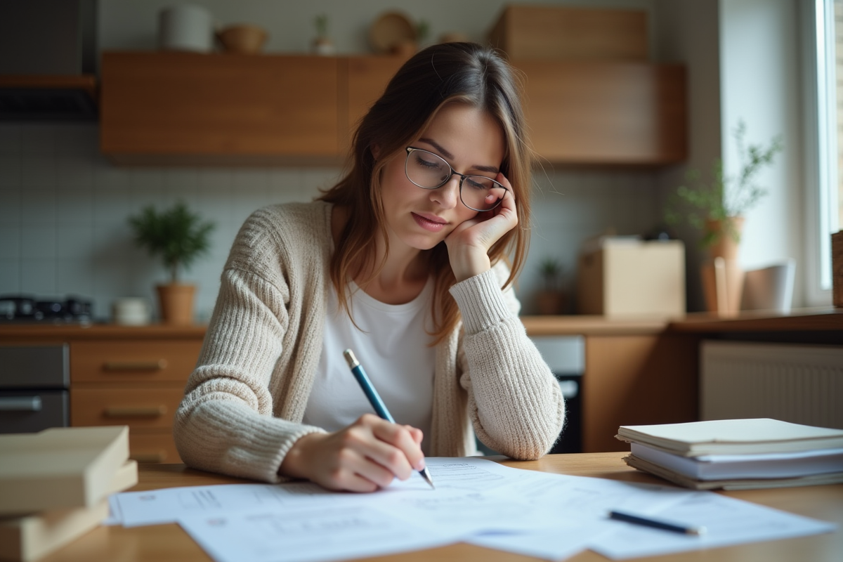 Femme vérifiant une checklist de départ dans un appartement moderne