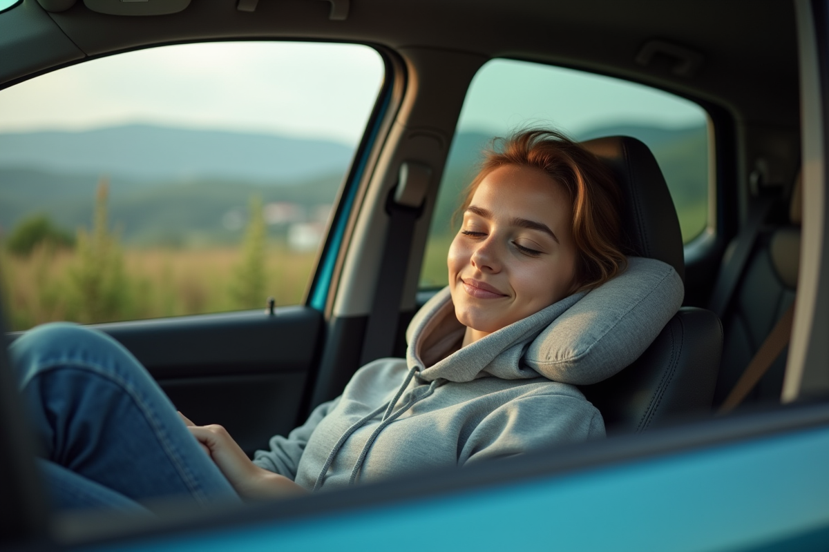 Jeune femme détendue dans sa voiture en Italie