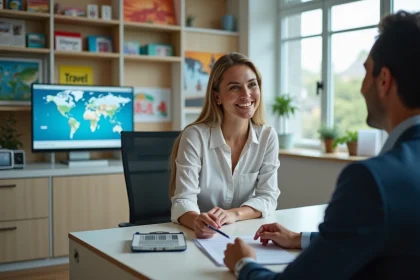 Femme en conseil voyage dans un bureau lumineux