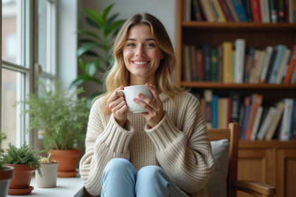 Jeune femme en intérieur cosy sirotant un thé