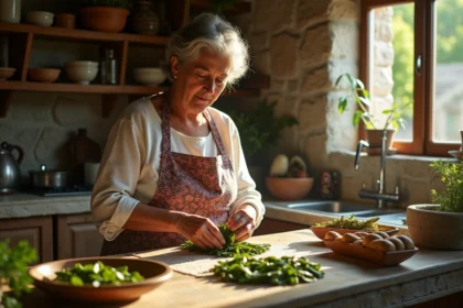 Femme crétoise préparant des feuilles de vigne farcies à la main