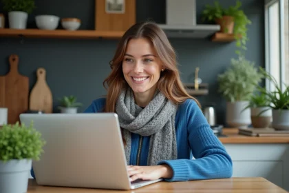 Femme souriante utilisant un ordinateur portable pour consulter otguerande fr