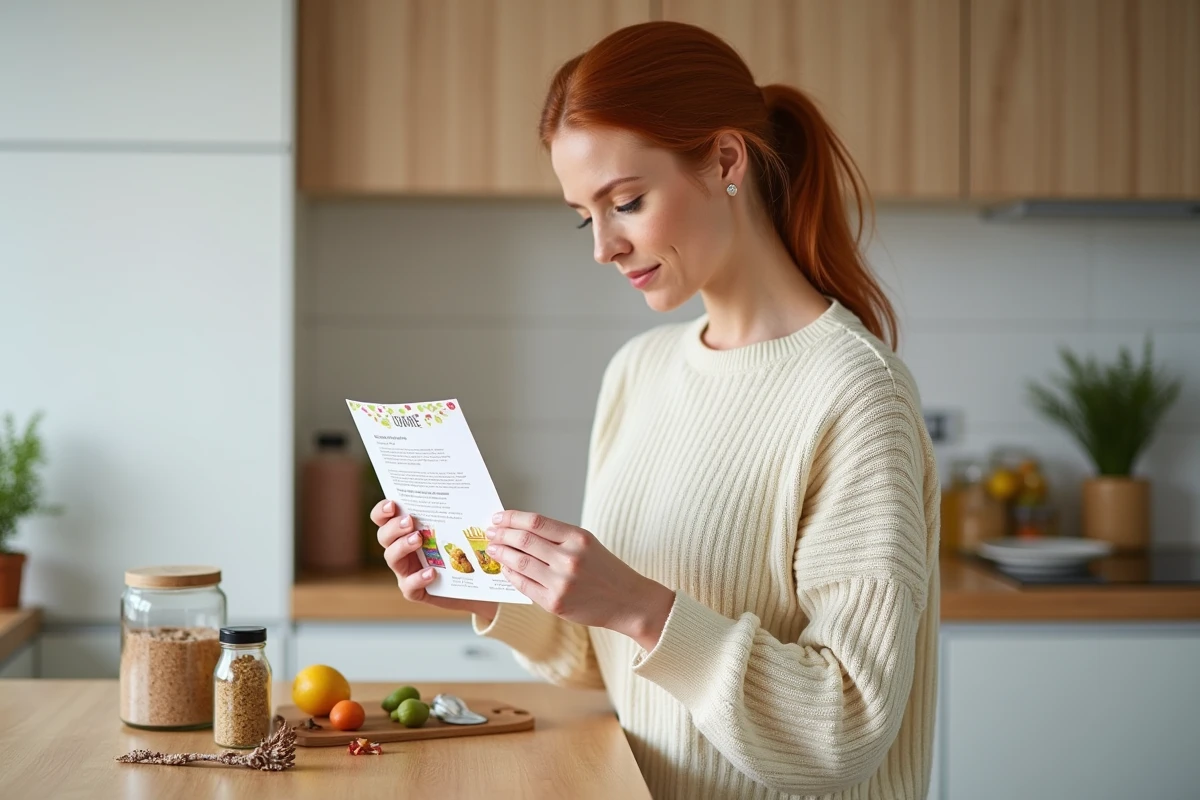 Femme lisant une fiche recette d'une box gastronomique voyageuse dans une cuisine moderne aux tons clairs
