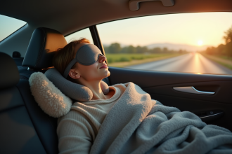 Jeune femme dormant dans une voiture moderne avec coussin et masque
