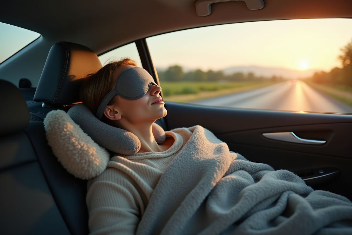 Jeune femme dormant dans une voiture moderne avec coussin et masque