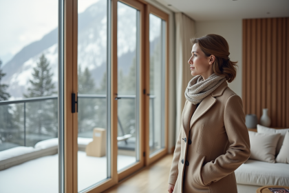 Femme élégante dans un appartement alpin avec vue sur la montagne