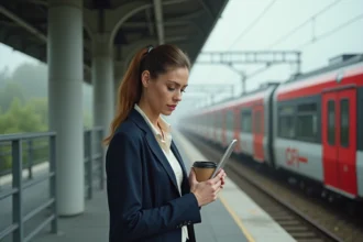 Femme frontalière sur le quai d'un train au Luxembourg, habillée en tenue professionnelle, partant travailler depuis Rodange-Pétange