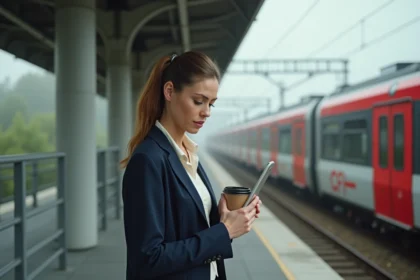 Femme frontalière sur le quai d'un train au Luxembourg, habillée en tenue professionnelle, partant travailler depuis Rodange-Pétange