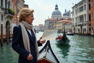 Femme regardant le Grand Canal de Venise avec carte