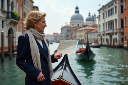 Femme regardant le Grand Canal de Venise avec carte