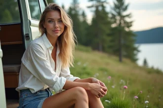 Jeune femme détendue sur un escalier de van au bord du lac