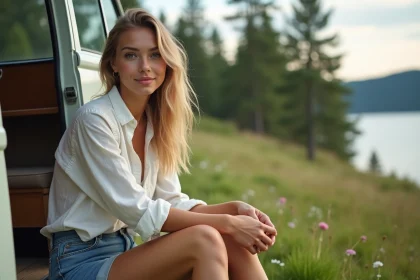 Jeune femme détendue sur un escalier de van au bord du lac