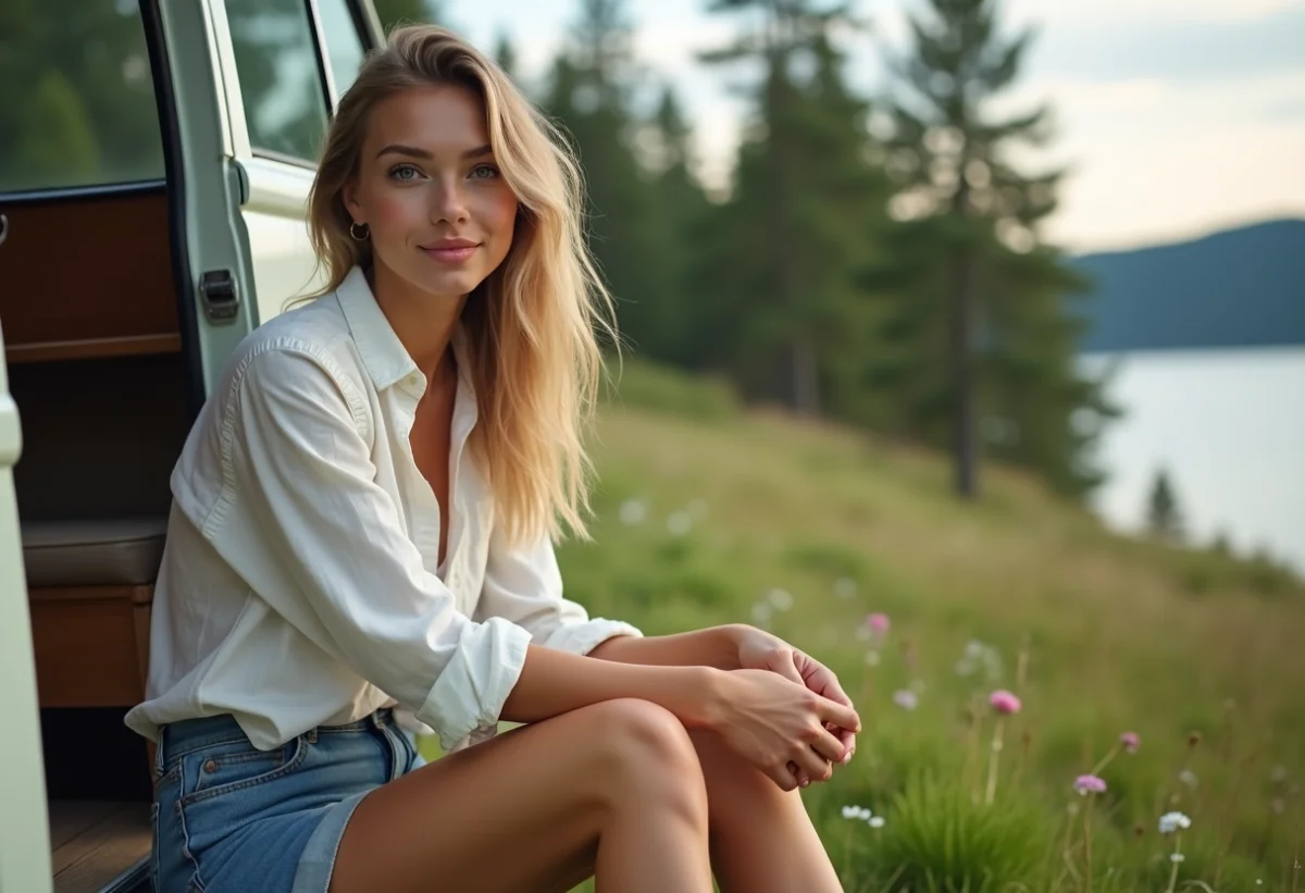 Jeune femme détendue sur un escalier de van au bord du lac