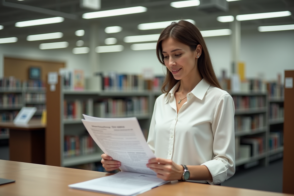 Femme au comptoir de bibliothèque vérifiant son application DS160