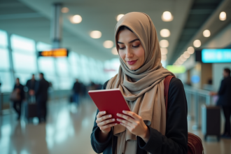 Femme marocaine inspectant son passeport à l'aéroport