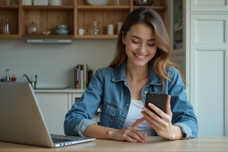 Femme en denim utilisant son smartphone dans une cuisine moderne