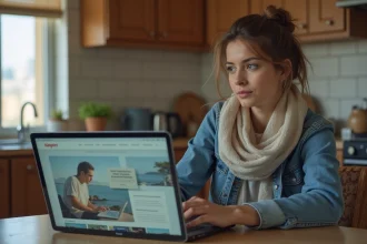 Femme en denim regardant un site de voyage sur son ordinateur