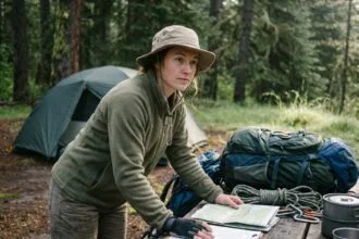 Jeune femme organisant son matériel de camping en forêt