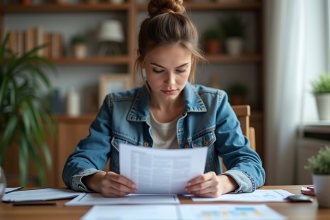 Femme cherchant des papiers à la maison pour un article sur démarches administratives