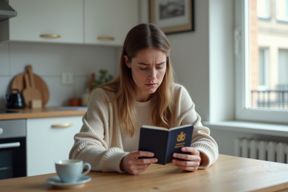 Femme inquiète avec passeport à la maison