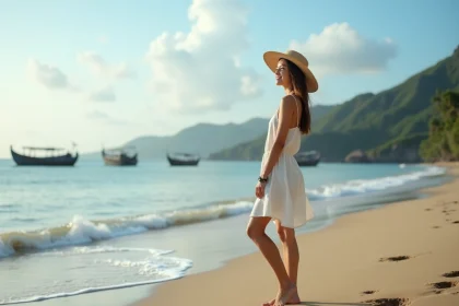 Jeune femme souriante sur la plage de Lovina