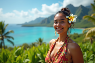 Femme polynesienne souriante avec pareo et tiare à Tahiti