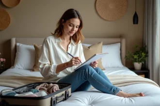 Femme vérifiant sa liste de voyage dans une chambre chaleureuse