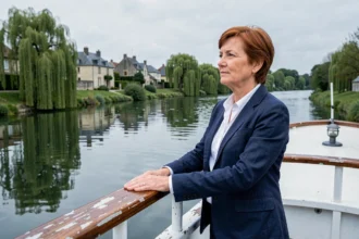 Femme sur le pont avant d'un bateau de croisière fluviale contemplant un village français au bord de l'eau