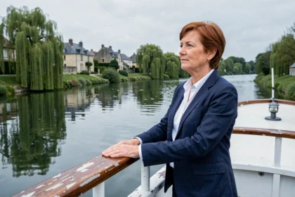Femme sur le pont avant d'un bateau de croisière fluviale contemplant un village français au bord de l'eau