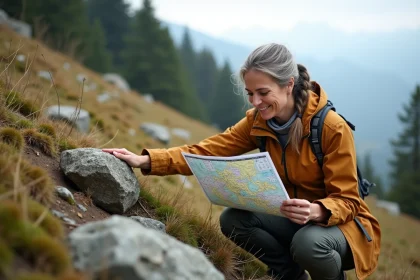 Femme souriante en randonnée devant la montagne