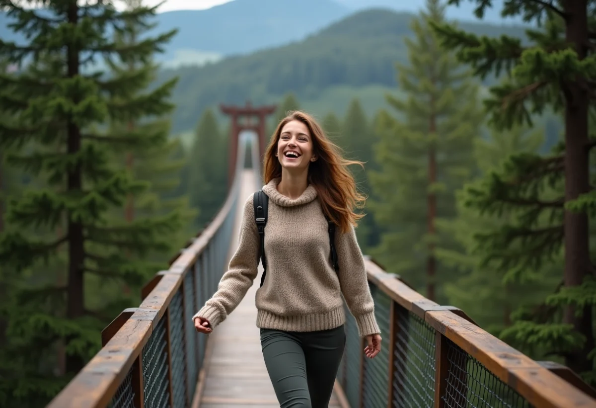 Jeune femme marche sur un pont suspendu dans la forêt Vosges