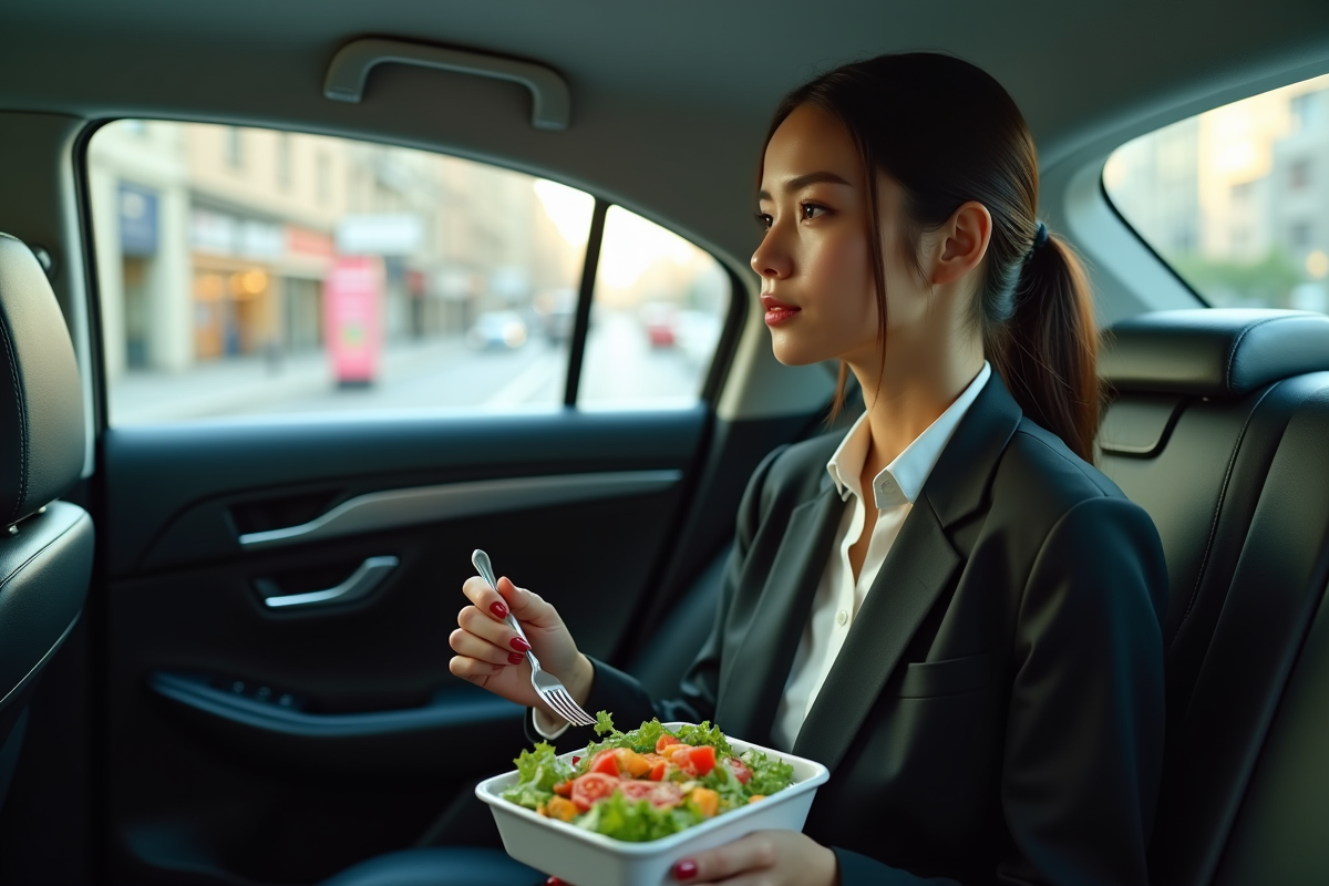 Jeune femme en costume dans un taxi tenant une salade