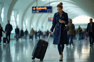 Jeune femme avec valise à Gatwick en déplacement