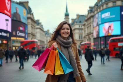 Jeune femme avec sacs à Piccadilly Circus