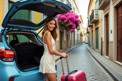 Jeune femme souriante chargeant sa valise dans une voiture à Lisbonne