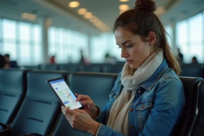 Femme en denim et foulard regarde une tablette à l'aéroport