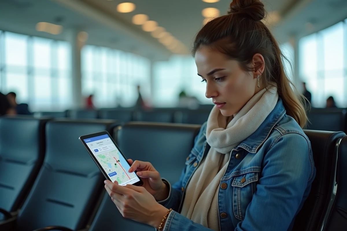 Femme en denim et foulard regarde une tablette à l'aéroport