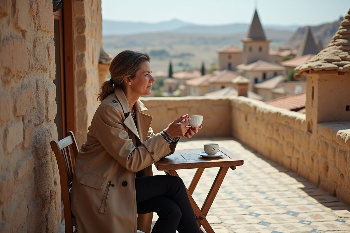 Femme dégustant un thé turc sur une terrasse en Cappadoce