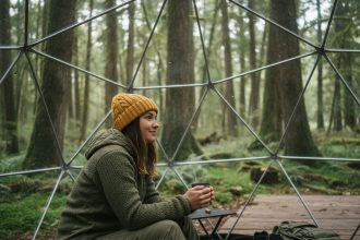Jeune femme dans une tente geodesique en forêt