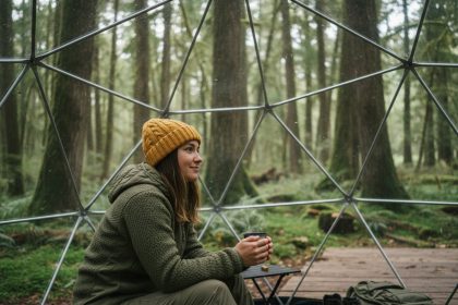 Jeune femme dans une tente geodesique en forêt