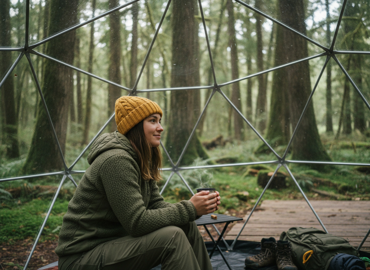 Jeune femme dans une tente geodesique en forêt