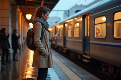 Jeune femme attend son train italien la nuit sur le quai