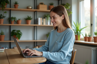 Femme détendue travaillant à domicile avec ordinateur