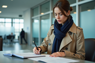 Jeune femme remplissant des papiers de voyage au guichet